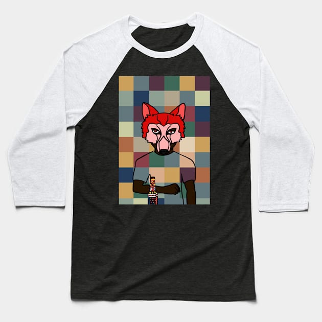 Pixelated Male Character with Animal Mask and Freakish Skin Holding a Dark Bottle Baseball T-Shirt by Hashed Art